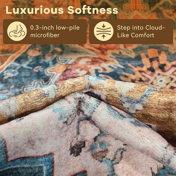 YJ.GWL Area Rugs for Living Room 4x6 Machine Washable Rugs for Bedroom, Non Slip Floral Vintage Rug Indoor Carpet, Stain Resistant Throw Rug for Dining Room Kitchen, Brown Blue