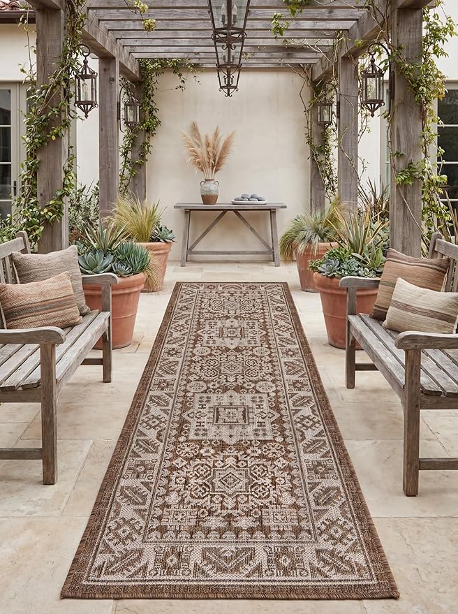 Rugs.com Outdoor Aztec Collection Rug – 8 Ft Runner Brown Flatweave Rug Perfect for Hallways, Entryways