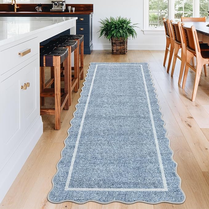 GarveeHome Scalloped Washable Kitchen Runner Rug 2x8, Blue Runners for Hallway, Non Slip Boho Soft Bathroom Throw Mat Bordered Carpet Runner for Laundry Entryway Bedroom 2 ft x8 ft Blue
