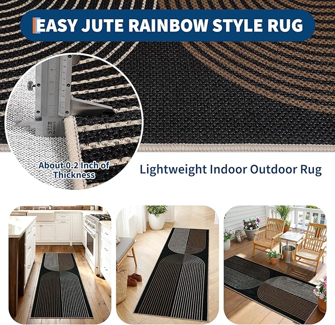 GarveeHome Easy Jute 2x6 Runner Rugs Modern Rainbow Rug for Hallway Kitchen Non Slip Indoor Outdoor Runner Door Mat for Laundry Porch