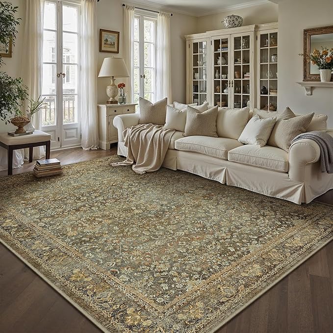 Area Rug 5x7 Brown Living Room Washable Vintage Carpet Non Slip Indoor Retro Traditional Accent Throw Large Rug for Office Kitchen Bedroom Dining Room