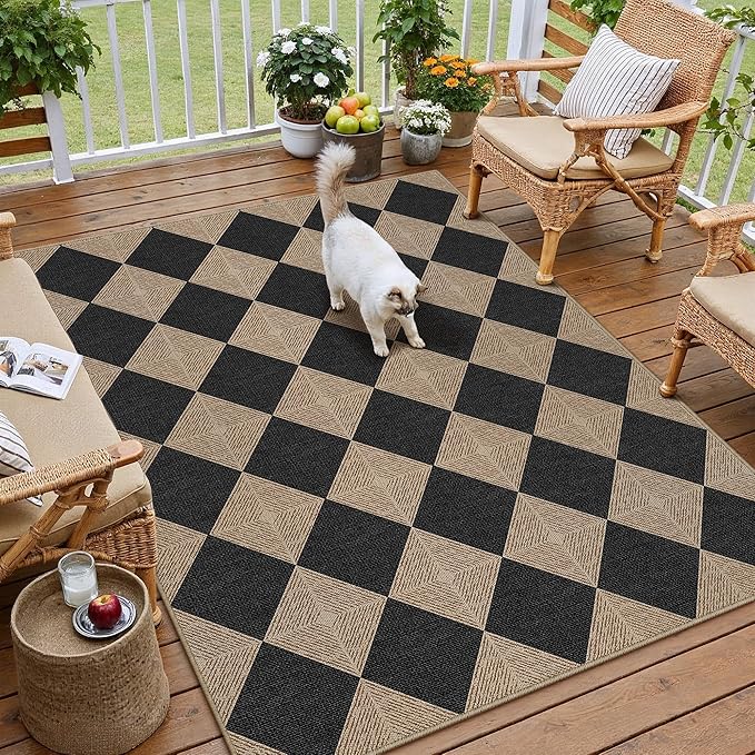 4x6 Checkered Easy Jute Area Rug for Living Room Checkerboard Washable Indoor Outdoor Carpet Farmhouse Patio Office Mat Textured Diamond Non Slip Black Carpet for Dorm Backyard Dining Room