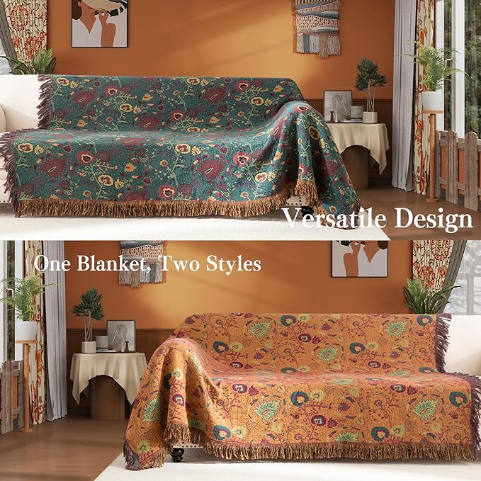 Boho Throw Blanket Twin Size, Soft Cozy Cotton Muslin Quilt Blanket for Bed Decor, Floral Patterned Couch Sofa Chair Cover, Vintage Farmhouse Cottage Tapestry Woven Blanket, Green&Orange