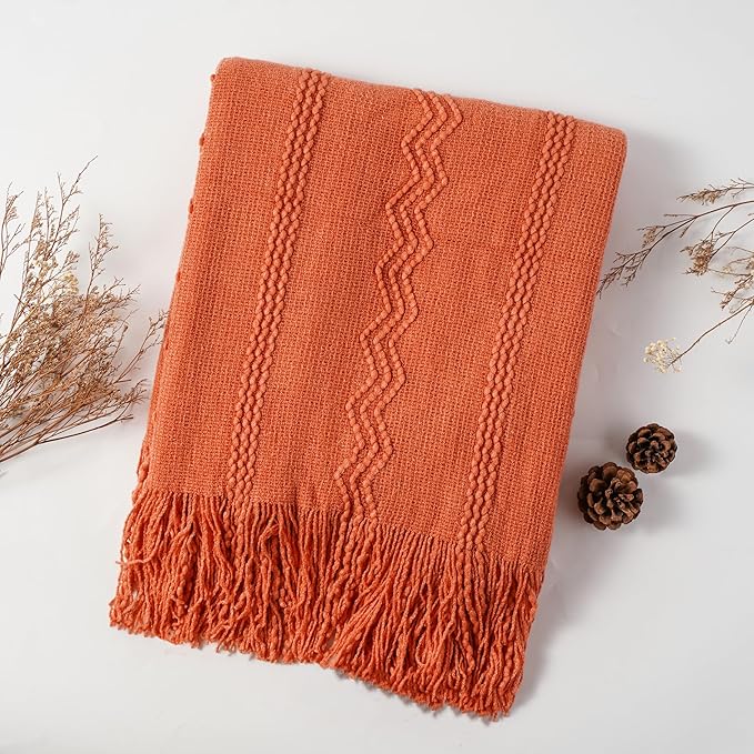 BATTILO HOME Orange Fall Throw Blanket for Couch Sofa, Knitted Decorative Blankets Throws Halloween Throw Blanket Fall Decorations Home Decor (Salmon, 50"x60")