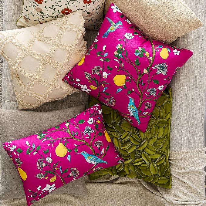 MUSSEL Hot Pink Floral Pillow Covers 18x18 Set of 2, Velvet Wild Flower Plant Throw Pillows Case, Square Farmhouse Decor Cushion Covers for Home Sofa Bed Couch