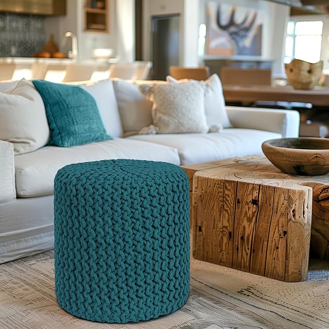 COTTON CRAFT Braided Round Pouf - Hand Knitted Cotton Cord Cable Dori Cylindrical Ottoman - Foot Stool - Floor Pouf - Footrest - Accent Seat - Living Room Bedroom Dorm Décor - 15 Round x 16 H - Teal