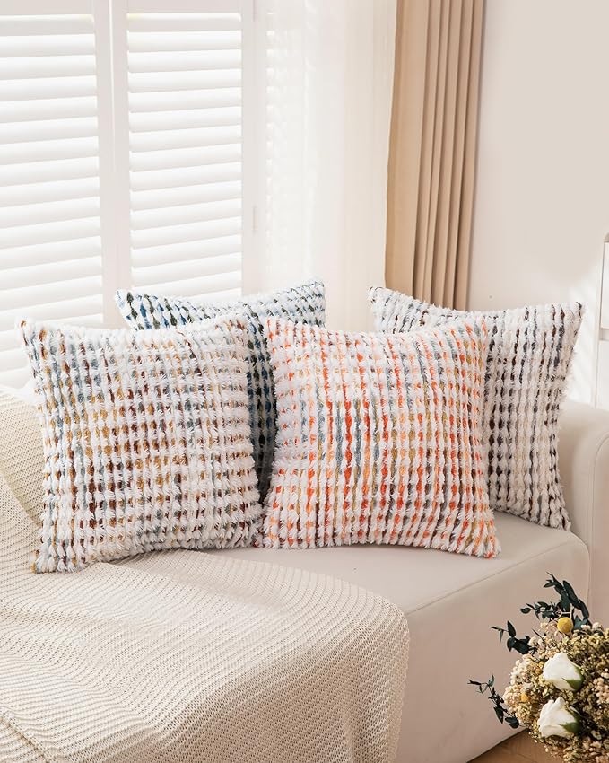 Boho Throw Pillow Covers Set of 2-18x18 Inch Orange Farmhouse Boho Throw Pillows Chenille Fluffy Accent Pillow Cases Neutral Tufted Pillowcase Cushion Covers for Couch Living Room, Bed Sofa