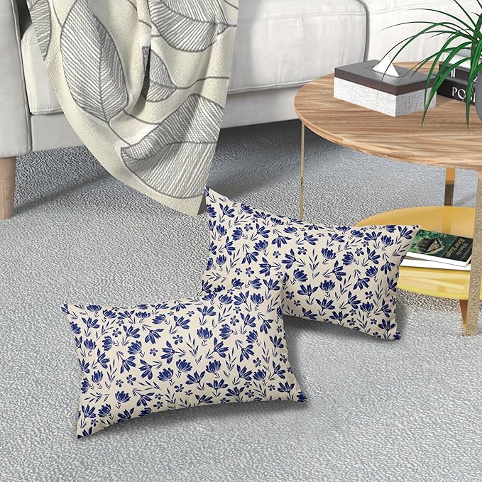 Navy Blue Floral Pillow Covers 12x20 Set of 2 Vintage Rustic Old Style Cute Small Flower Blue Cream Print Decorative Outdoor Pillowcases Farmhouse Throw Cushion Case Decor for Couch Sofa Bed