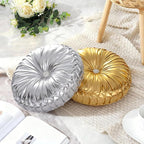 HIG Set of 2 Handcrafted Silver Ruched Round Throw Pillows – 14.5’’ Metallic Leather Decorative Pillows with Soft Polyester Filling for Couch, Bed, Living Room, Bedroom, or Dorm