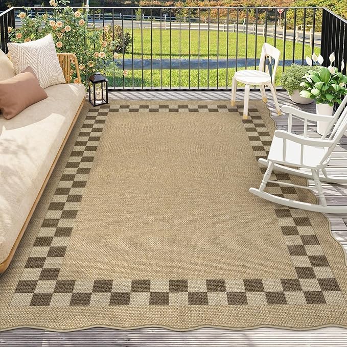 LIVEBOX Scalloped Easy Jute Checkered 8x10 Outdoor Rug, Washable Farmhouse Tan Rugs for Living Room Bedroom, Geometric Indoor Outdoor Non Slip Rug Dining Room Mat Carpet for Patio Backyard Home Decor
