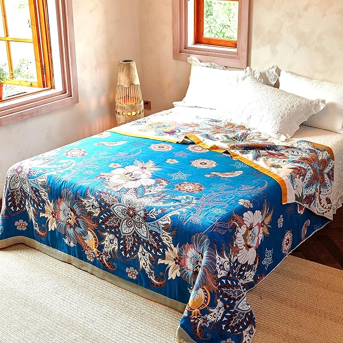 Boho Throw Blanket, 100% Organic Cotton Breathable Skin-Friendly Ultra Soft Bed Quilt Throw - All Season Floral Bird Farmhouse Décor Luxury Blanket for Sofa Couch Chair and Gift. 50" x 60"