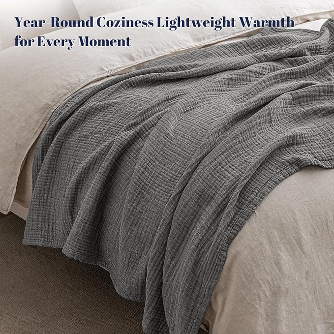PHF 100% Cotton Muslin Blanket King Size 108"x90", 4-Layer Lightweight Gauze Throw, Breathable Cloud-Soft Minimalist Blanket for Bed, Couch, Camping & Baby, Greyish Black, Ideal Gift