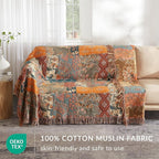Boho Throw Blanket for Couch Sofa Bed, 100% Cotton Woven Quilt with Tassel 50”x60”, Super Soft Muslin Blanket with Floral Printed, Decorative Reversible Bed Blanket/Cover for All Seasons