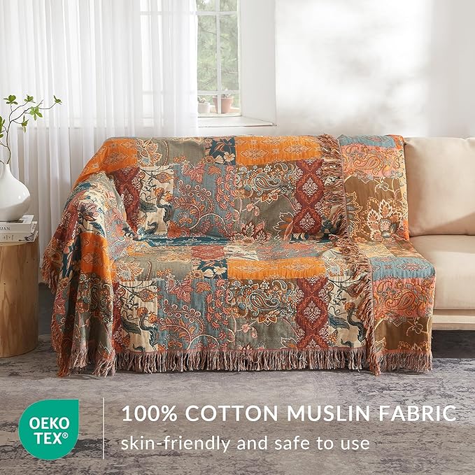 Boho Throw Blanket for Couch Sofa Bed, 100% Cotton Woven Quilt with Tassel 50”x60”, Super Soft Muslin Blanket with Floral Printed, Decorative Reversible Bed Blanket/Cover for All Seasons