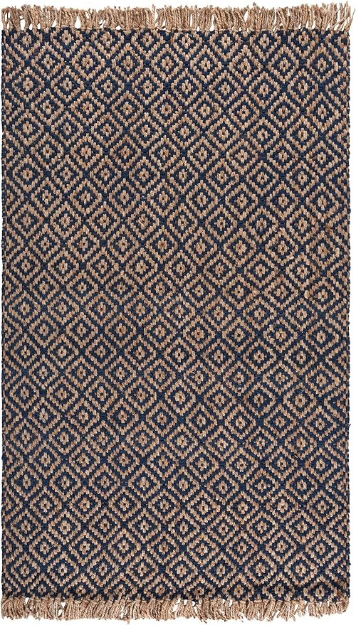 SAFAVIEH Natural Fiber Collection Area Rug - 5' x 8', Tropical Blue & Natural, Handmade Boho Diamond Tassel Jute, Ideal for High Traffic Areas in Living Room, Bedroom (NF266D)