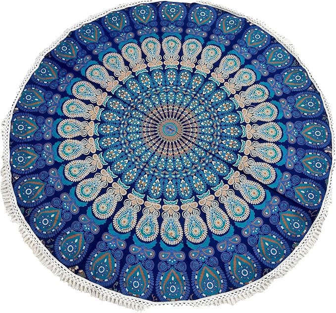 Round Beach Tapestry Turquoise Mandala Throw/Boho Hippie Beach Blanket Roundie/Indian Cotton Bohemian Large Round Table Cloth-Home Decor/Yoga Mat Meditation Picnic Rug (42", Blue)