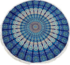 Round Beach Tapestry Turquoise Mandala Throw/Boho Hippie Beach Blanket Roundie/Indian Cotton Bohemian Large Round Table Cloth-Home Decor/Yoga Mat Meditation Picnic Rug (42", Blue)