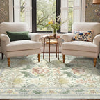 Bavni 5x7 Area Rugs for Living Room, Microfiber Machine Washable Non-Slip Vintage Floral Rug, Low Pile Lightweight Carpet for Bedroom, Dining Room, Home Office, Beige&Green