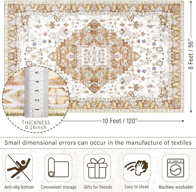 Amearea Vintage Design Area Rugs for Living Room, 8x10 Machine Washable Floral Collection Traditional Bedroom Rug, Low Pile Cute Kids Room Print Carpet, No Slip Office Kitchen Home Decor, Gold