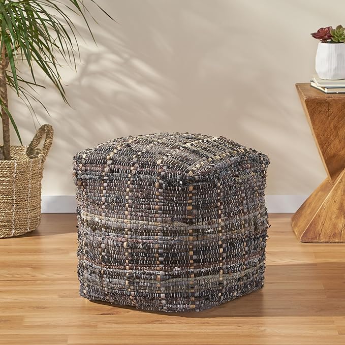 GDFStudio Boho Handmade Fabric Cube Pouf Ottoman Foot Stool - Bean Bag Floor Chair - Foot Rest Couch for Living Room Bedroom Khaki,16" x 16" x 16"