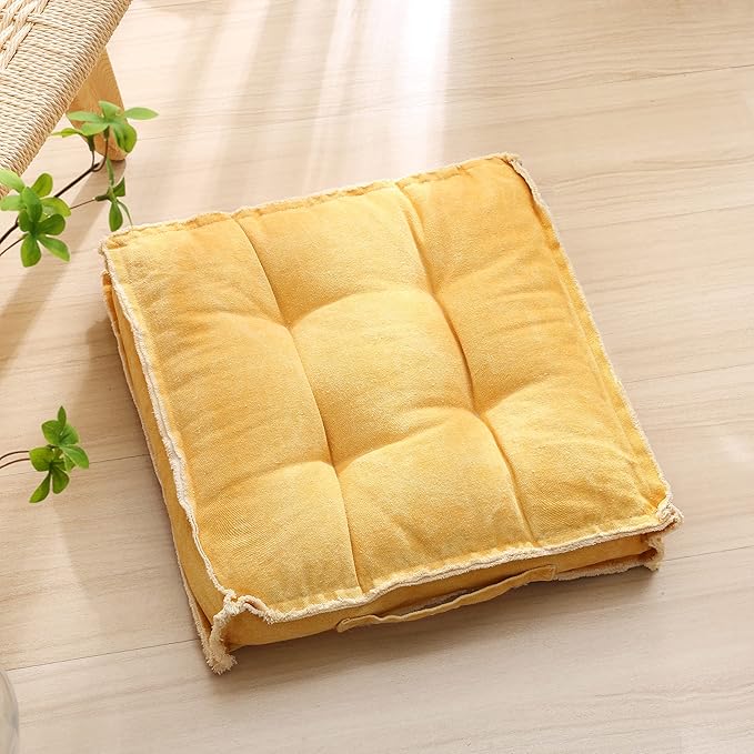 Verpert Square Thick Floor Seating Cushions,Solid Thick Tufted Cushion Meditation Pillow for Sitting on Floor,Tatami Pad for Guests or Kids Reading Nook, Yoga Living Room Sofa Balcony Outdoor(Yellow)