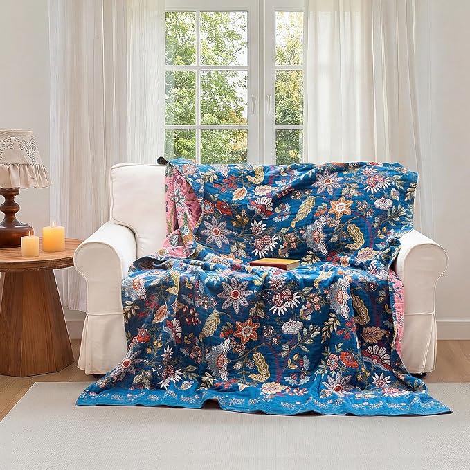 Boho Throw Blanket - 100% Cotton Ultra Soft Muslin Spring Blanket, 50"x60" Lightweight Floral Butterfly Framhouse Bedding Blanket for Bed, All Season Blue Bohemian Bedroom Home Decor Quilt