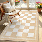 Vasofe 3x5 Plaid Rug, Jute Rugs, Washable Outdoor Indoor Checkered Carpets, Entryway Bedroom Potio Porch Kitchen Carpet, Non Slip Farmhouse Neutral Office Laundry Floor Mat, Khaki and White