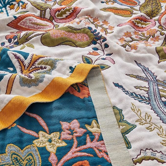 Boho Throw Blanket Farmhouse Decor Throw Blanket Bohemian Blanket for Bed 100% Cotton Muslin Woven Couch Blanket All Seasons Quilt Bedroom (Beige, 90"x98")