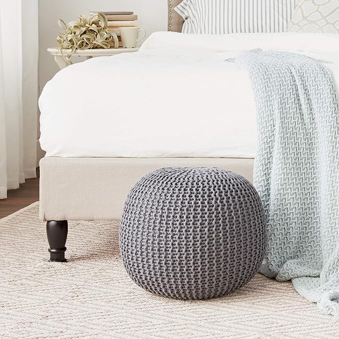 Urban Lifestyle | Large Round Cotton Knitted Ottoman Pouf Seat Cushion Home Decor Accent Seating Floor Pillow Soft Modern Living Room Furniture Hand Woven Cotton, Dark Grey