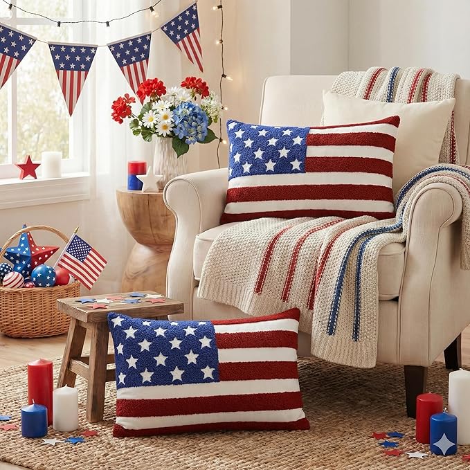 AVOIN colorlife 4th of July Patriotic Striped Star Flag Embroidered Throw Pillow Covers, 12 x 20 Inch Independence Day Decor Tufted Patterned Linen Cushion Case for Sofa Couch Set of 2