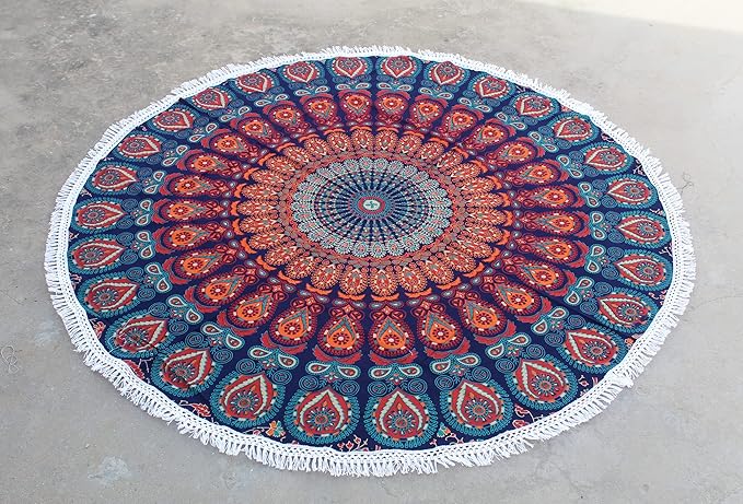 Round Beach Tapestry Turquoise Mandala Throw/Boho Hippie Beach Blanket Roundie/Indian Cotton Bohemian Large Round Table Cloth-Home Decor/Yoga Mat Meditation Picnic Rug (42", Orange and Blue)