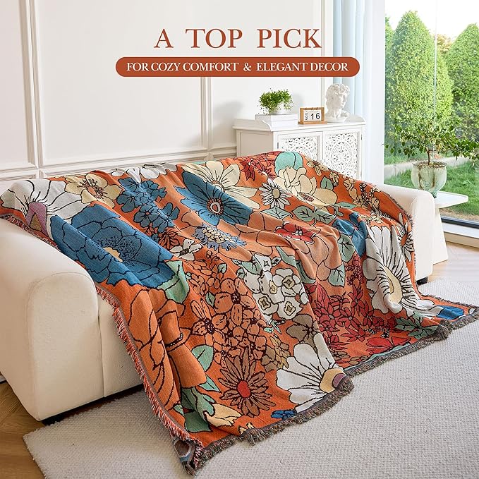 Boho Throw Blanket for Couch Cover, 100% Handwoven Cotton Southwestern Farmhouse Floral Decor Reversible Blanket, All Season Throw for Sofa Bed Tapestry Outdoor Camping Picnic. 91″×98″