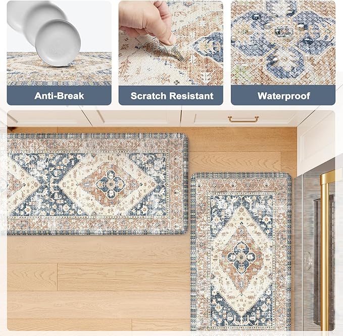 KIMODE Anti Fatigue Kitchen Mat 2PCS,Non-Skid Waterproof Kitchen Rugs,Farmhouse Kitchen Mat for Floor,Cushioned Comfort Foam Standing Mat for Floor,Office,Sink,Desk,Laundry,Mutil-Blue
