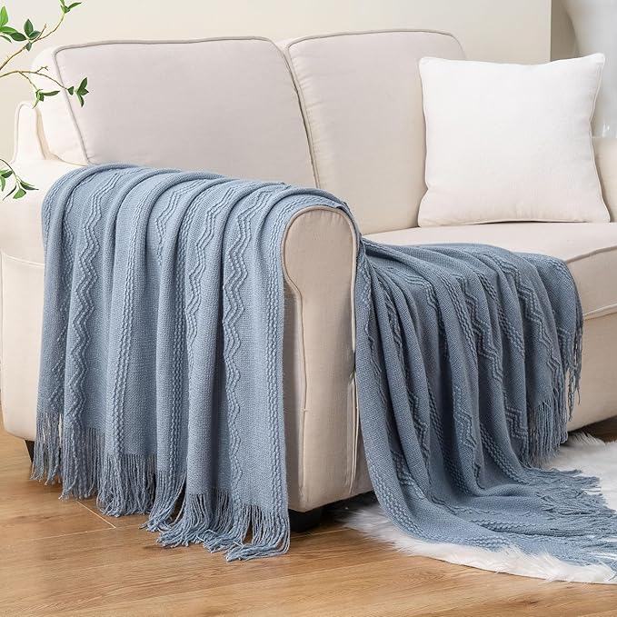 BATTILO HOME Bluish Grey Throw Blanket for Couch, Soft Knit Throws with Tassels for Home Decor, Blue Blankets and Throws for Bed Sofa, 50"x60"
