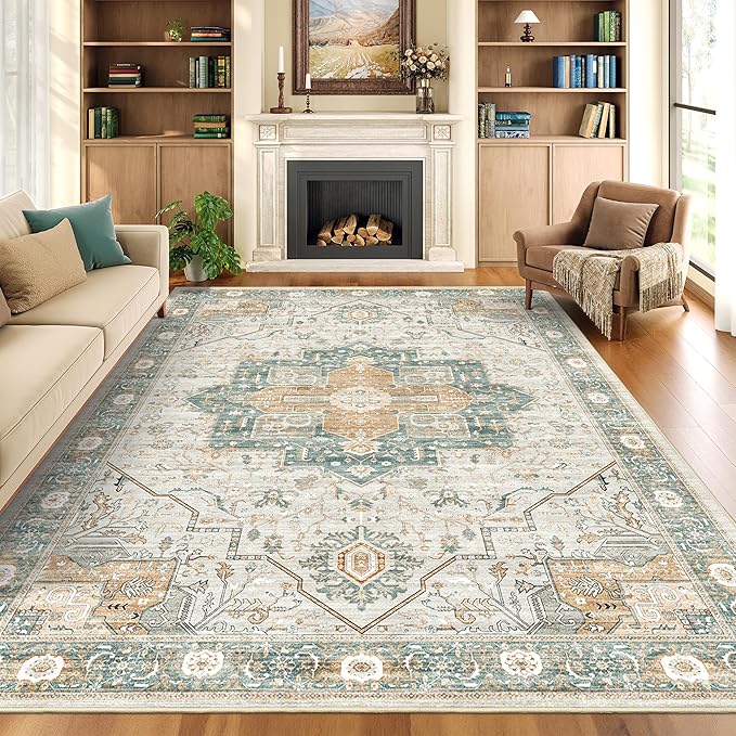 6x9 Rug, Stain Resistant Washable Area Rugs with Anti-Slip Backing, Vintage Rug, Large Bedroom, Living Room Rugs, Foldable Soft Rug (Green/Light Grey, 6'x9')