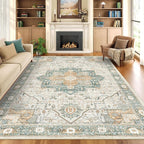 6x9 Rug, Stain Resistant Washable Area Rugs with Anti-Slip Backing, Vintage Rug, Large Bedroom, Living Room Rugs, Foldable Soft Rug (Green/Light Grey, 6'x9')