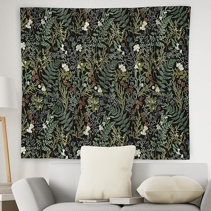 WNAGT Dark Vintage Floral Botanical Tapestry Wall Hanging, Cottage Core Decor, Green Fern Leaf Plant Flower Wall Blanket Decor for Home Bedroom Living Room, 50x60 Inch