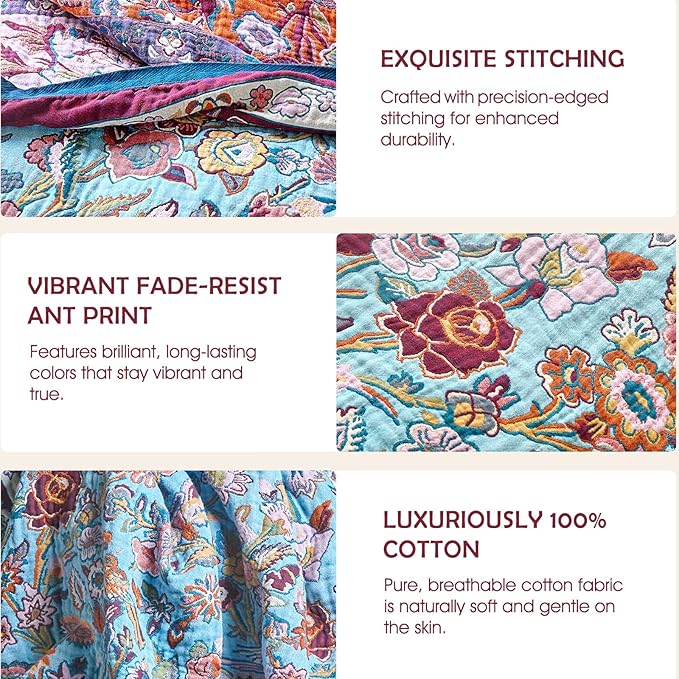 Boho Throw Blanket - 100% Cotton Ultra Soft Muslin Blanket, 50"x60" Lightweight Framhouse Bedding Spring Blanket for Bed, All Season Blue and Purple Floral Bohemian Bedroom Home Decor Quilt