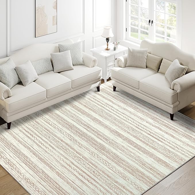Boho Area Rug 6x9 Beige Living Room Large Office Modern Neutral Kitchen Taupe Washable Indoor Accent Low Pile Geometric Carpet Distressed Throw Rug Bedroom Dining Room