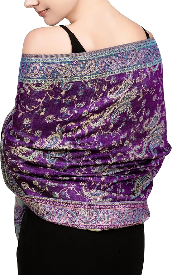 Achillea Reversible Paisley Pashmina Rave Scarf – Exotic Indian Shawls and Wraps for Evening Dresses, Festivals, All Seasons