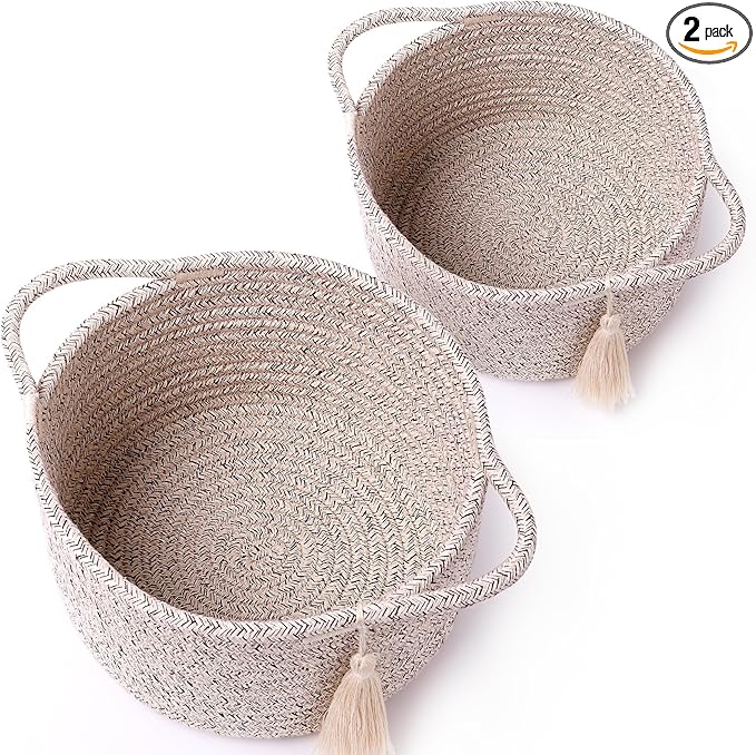 Small Gift Basket Empty Set of 2 - Little Cute Woven Rope Organizer Bins for Baby Shower Gifting, Makeup, Bathroom, Desk, Decorative Vanity - Pre-Shaped, Brown