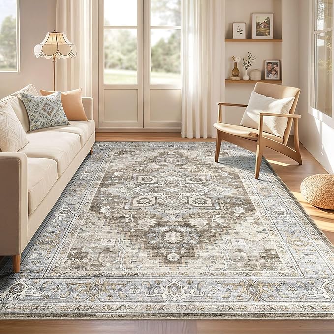 Washable Rug 7x9 Area Rugs: Boho Vintage Distressed Oriental Medallion Neutral Thin Large Rug Carpet for Living Room Bedroom Dining Room Home Office Decor - Brown Gray