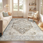 Washable Rug 7x9 Area Rugs: Boho Vintage Distressed Oriental Medallion Neutral Thin Large Rug Carpet for Living Room Bedroom Dining Room Home Office Decor - Brown Gray