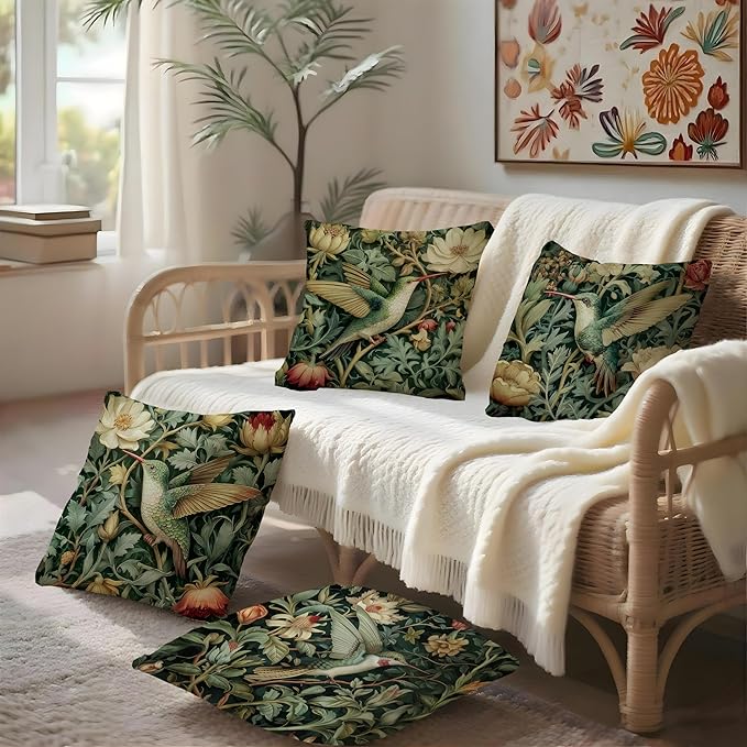 Vintage William Morris Hummingbird Pillow Cover 18x18 Set of 4,Rustic Green Hummingbird Bird Animal Floral Botanical Print Decorative Throw Pillow Covers for Home Bedroom Living Room
