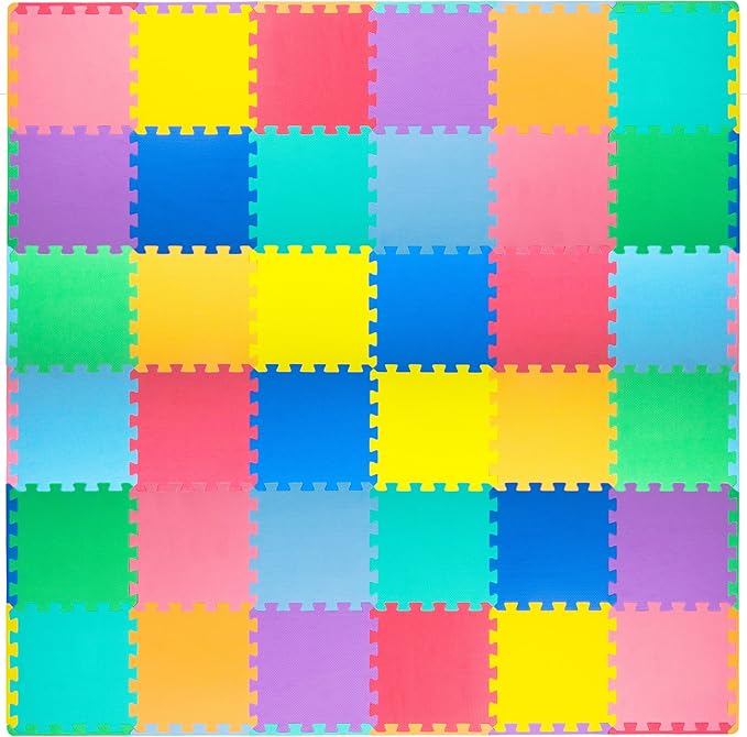 ProSource Foam Puzzle Floor Play Mat for Kids and Babies with Solid Colors, 36 or 16 Interlocking Tiles with Borders, Assorted