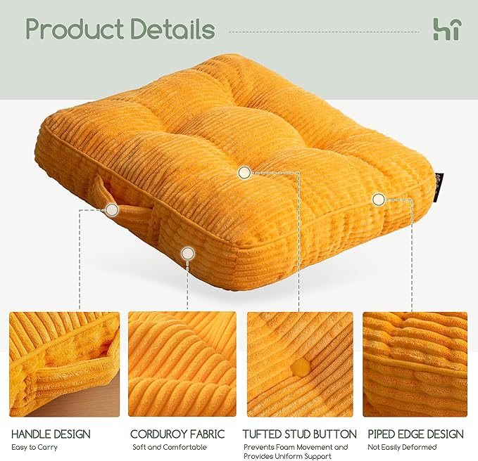 HIGOGOGO Floor Pillow Cushion for Adults, Meditation Cushion Pillow, Large Square Floor Sitting, Tufted Corduroy Cover, for Tatami Living Room or Yoga, 22x22 Inch, 2Pack, Orange