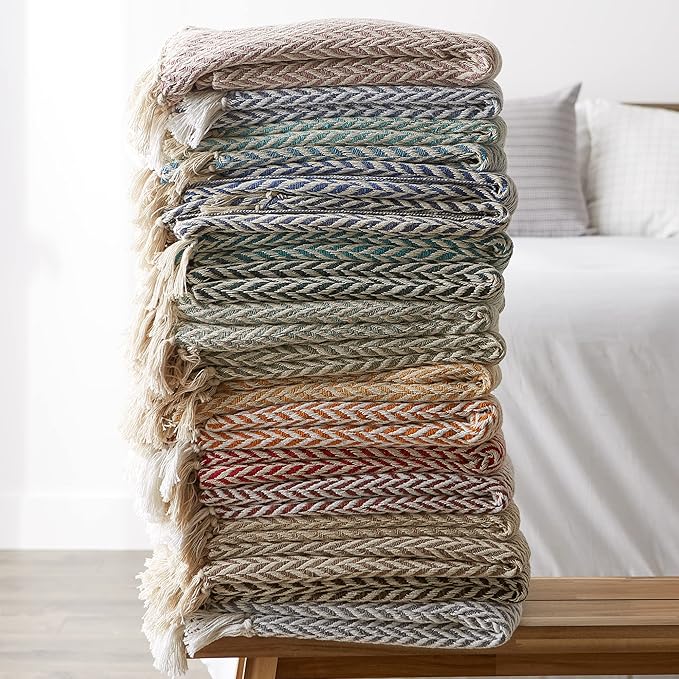 DII Modern Zig Zag Throw Blanket Woven Cotton, Hand-Knotted 2.5" Fringe, 50x60, French Blue