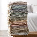 DII Modern Zig Zag Throw Blanket Woven Cotton, Hand-Knotted 2.5" Fringe, 50x60, Nautical Blue
