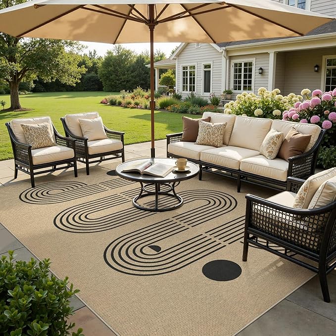 6x9 Jute Rug for Living Room: Farmhouse Carpet Indoor Outdoor Washable Non Slip Area Rug for Bedroom Patio Backyard Dining Room Table Home Office - Geometric Brown