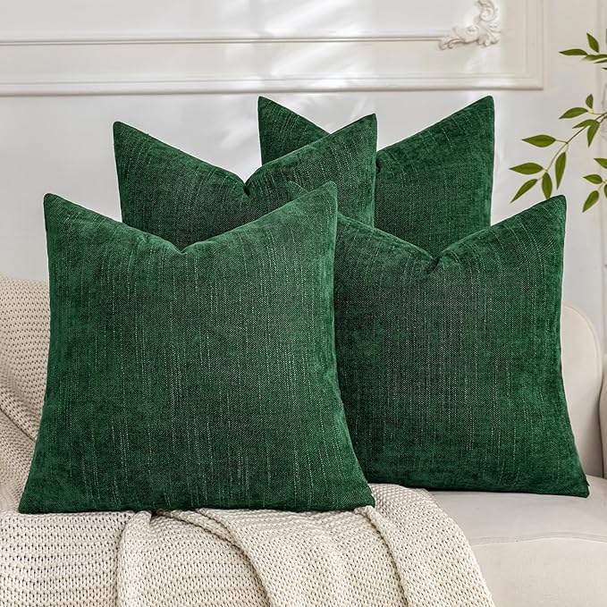 Set of 4 Soft Textured Decorative Throw Pillow Covers 18x18 Inch Cozy Farmhouse Cushion Cover Square Accent Pillow Cases for Bed Couch Sofa Living Room, Dark Green
